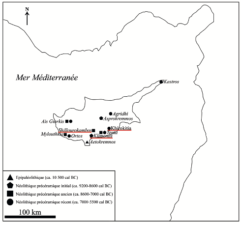 Carte de Chypre indiquant les sites néolithiques précéramiques étudiés